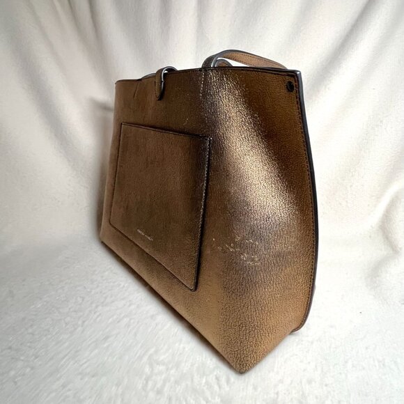 Rebecca Minkoff  "Megan Tote" In Metallic Gold and Black Pebble Leather - Picture 7 of 11